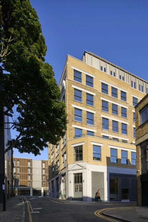 Light brick commercial building with large timber windows on a quiet city street, partly shaded by a tree under a clear blue sky.