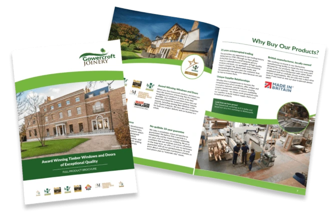 One closed Gowercroft Joinery brochure and one open brochure showing timber window and door project photography, product benefits, accreditations and workshop imagery.