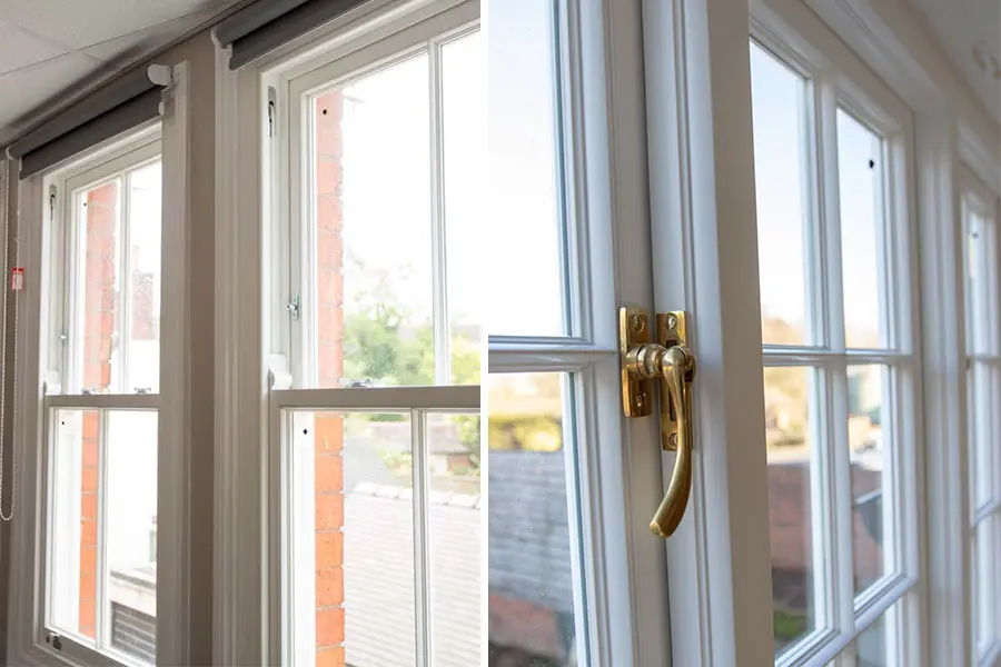 Close up images of timber sash windows and timber casement windows side by side