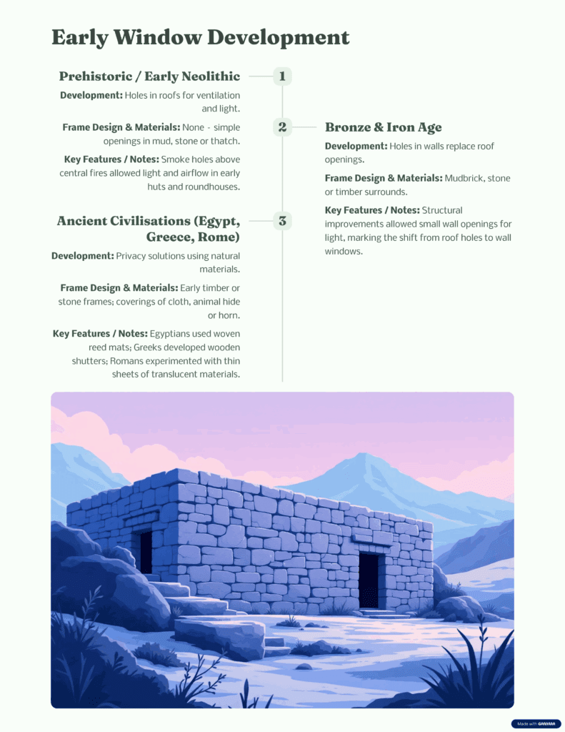 Timeline infographic showing early window development from Prehistoric, Bronze Age, and Ancient Civilisations. Mentions early smoke holes in huts, wall openings in mudbrick homes, and Egyptian, Greek and Roman shutters using wood or cloth.