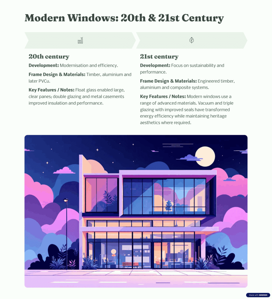 Infographic comparing 20th and 21st-century window design. Mentions timber, aluminium, and uPVC frames, double glazing, and modern sustainable technologies like vacuum glazing for energy efficiency.