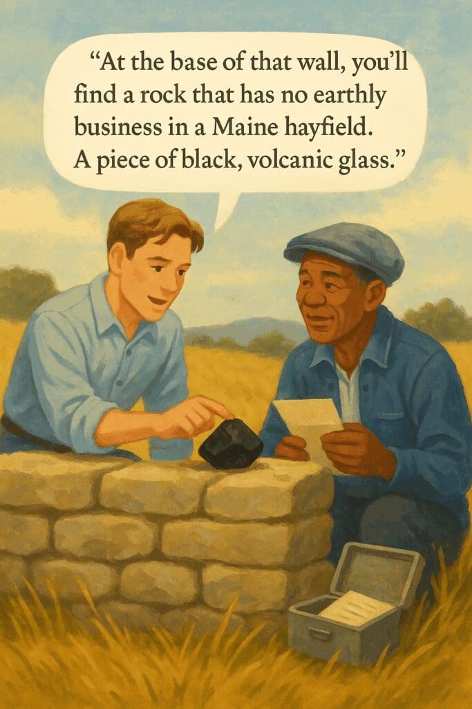 Illustration referencing The Shawshank Redemption in painterly educational style. Andy Dufresne kneels by a stone wall, placing a black obsidian rock while Red smiles nearby holding a metal box. A speech bubble from Andy reads: “At the base of that wall, you'll find a rock that has no earthly business in a Maine hayfield. A piece of black, volcanic glass.”