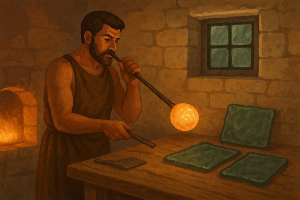 Illustration of a Roman glassblower creating early window glass. The artisan shapes molten glass in a furnace-lit workshop. On the workbench, thick greenish panes rest beside a small inset wall window with crude glass segments mounted in a metal grid, showing how early Roman glazing appeared.