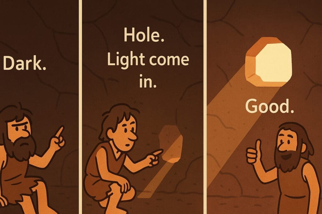 Three-panel cartoon illustration showing the humorous evolution of early windows. First panel: a caveman sits in a dark stone hut, pointing upward with the caption “Dark.” Second panel: another figure chisels a small hole in the wall as a faint beam of light enters, captioned “Hole. Light come in.” Third panel: sunlight pours through a larger wall opening as a smiling caveman gives a thumbs up under the caption “Good.” The lighting transitions from dim to bright across the panels.
