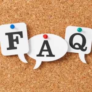 FAQ letters displayed on white speech bubbles pinned to a corkboard background.