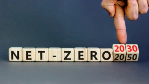 Wooden blocks spelling “Net Zero”, with a finger changing the target date from 2030 to 2050.
